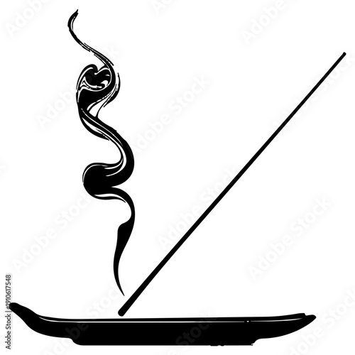 Black icon of an incense stick holder with smoke on white background for meditation and relaxation