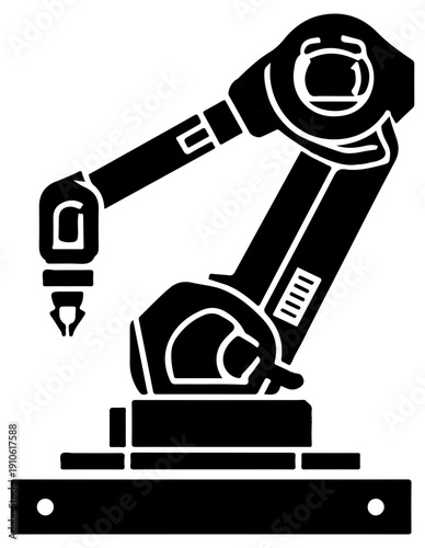 Industrial robotic arm with drill on a base black icon on white background for automation and manufacturing concepts