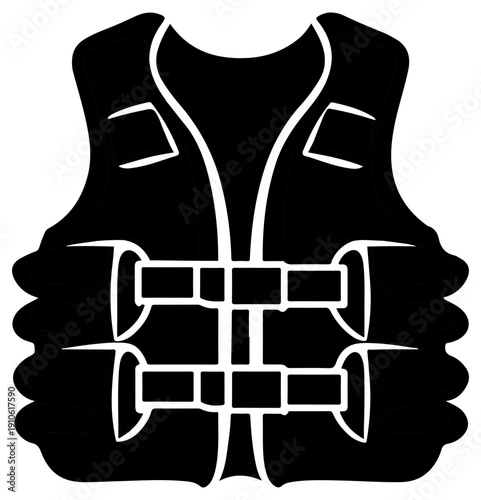 Black inflatable life jacket vest icon with white outline and buckle details for safety and emergency concepts