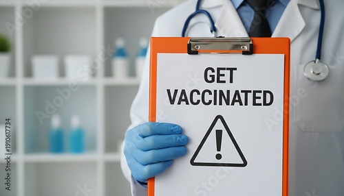 Clipboard vaccination warning sign with get vaccinated message held by doctor in medical clinic, blue gloves and stethoscope, public health awareness concept background