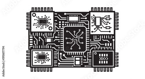 A detailed illustration of a microchip showcasing intricate circuitry and electronic components from a top-down viewpoint