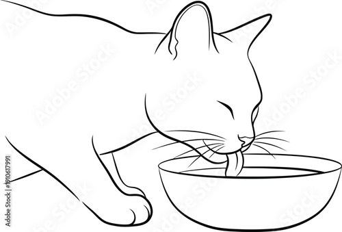 A simple line drawing of a cat drinking from a bowl