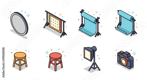 A collection of photography studio equipment icons including reflectors, backdrops, stools, and lighting in flat modern vector style, ideal for creative projects and branding