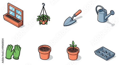 A collection of gardening tools and plants including pots, gloves, and watering can in colorful flat vector style, ideal for gardening enthusiasts and eco-friendly designs