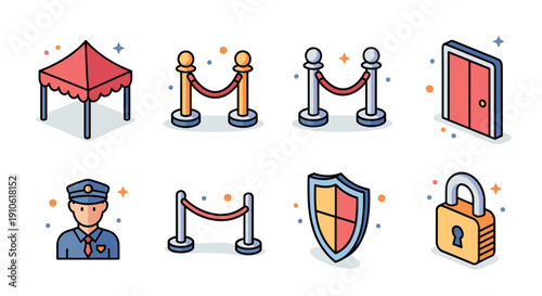A collection of security-themed icons including a guard, barrier, tent, shield, and lock in colorful vector style, ideal for event planning and safety design