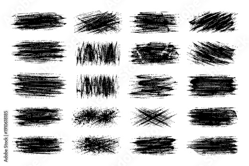 Set of 20 black grunge texture frames in various brush stroke styles.