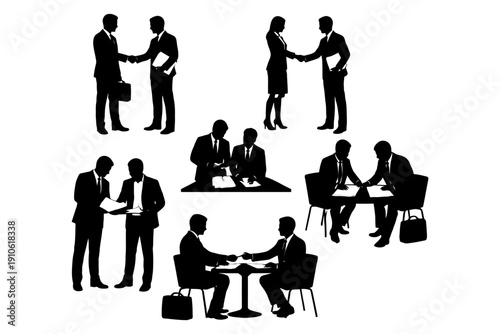 Business professionals in office interactions and meetings silhouette set.