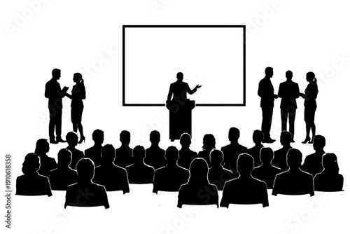 Silhouette of audience listening to speaker at conference presentation.