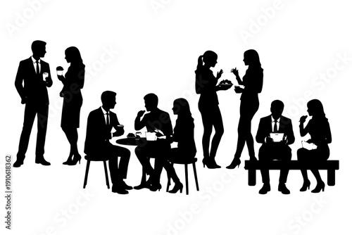 Silhouetted social gathering with men and women in various activities.
