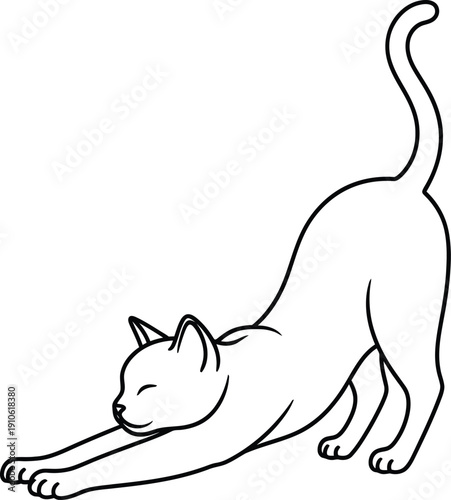 A simple black and white drawing of a cat stretching its body.