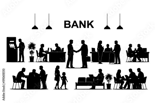 Silhouettes of diverse bank activities with clients and staff in office setting.