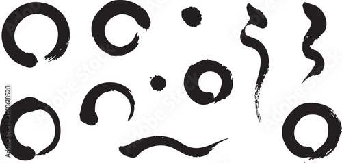 Collection of various black ink brush strokes including incomplete circles and flowing abstract elements