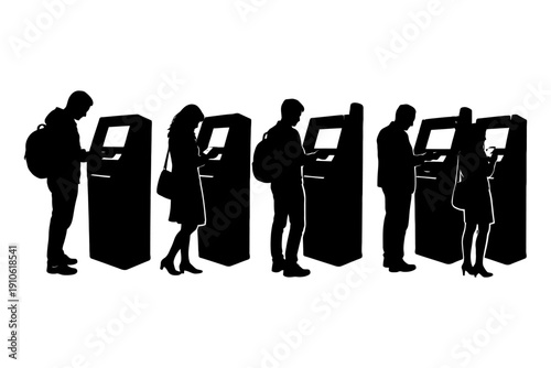 Silhouette of people using atms with backpacks.