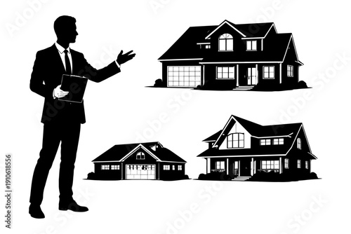 Silhouette of male real estate agent showing suburban houses.