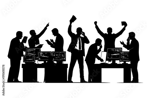 Silhouetted businessmen discussing and celebrating around office desks and computers.