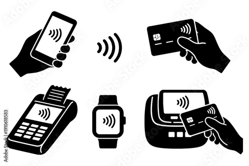 Contactless payment technology: smartphone, smartwatch, card, terminal & symbol icons.