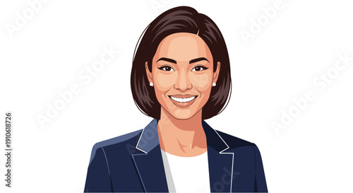 Professional and friendly young Asian businesswoman with a warm smile, depicted in a modern vector illustration against a clean white background.