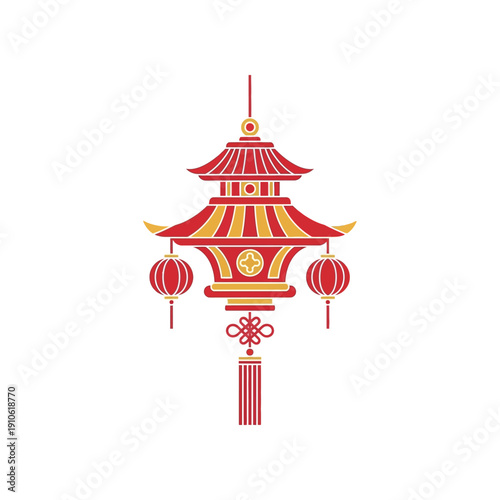 Traditional Chinese Pagoda Lantern Illustration with Red and Gold Accents