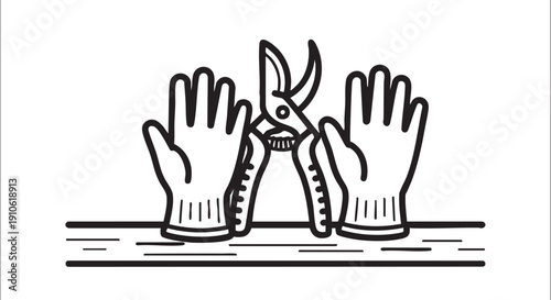 Hands holding scissors, ready for a crafting session on a table, simple black and white illustration