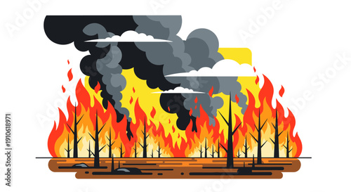 A devastating forest fire rages through a dry woodland, illustrating the destructive power of nature and environmental catastrophe.