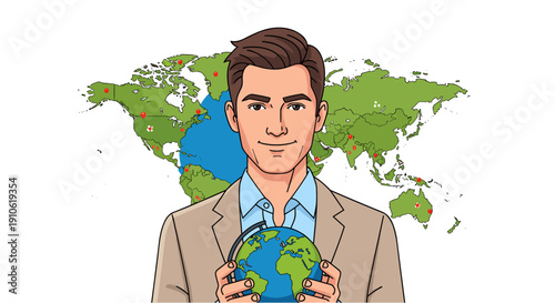 A confident businessman holds a small globe, symbolizing global business, international connections, and worldwide opportunities with a world map background.