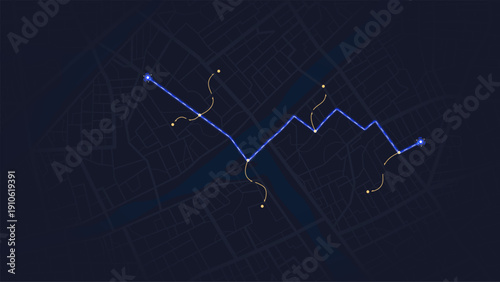 Dark Navy City Map with Bright Blue Zigzag Route Path and Orange Waypoint Markers Between Two Endpoints. Vector illustration.