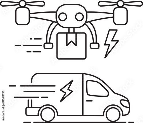 Fast Delivery Service Icon Set with Drone and Speeding Van  Vector Illustration