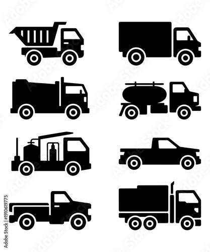 Truck silhouette icon set construction transport vehicles vector