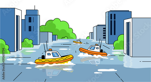 Emergency rescue boats navigating through a flooded city street, illustrating urban disaster relief and climate change impact.