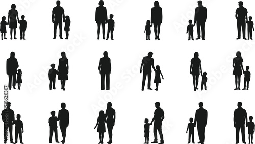 Family silhouette set with parents and children isolated on white background, mother father and kids vector illustration collection