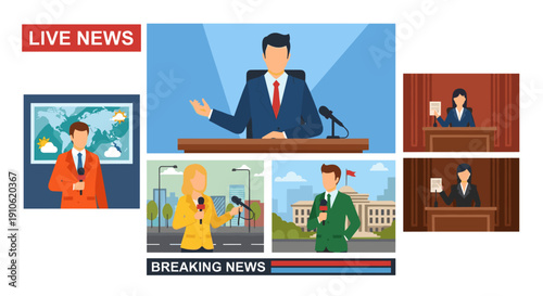 A comprehensive visual representation of various news reporting scenarios, including live broadcasts, weather forecasts, and field reporting, highlighting the dynamic world of journalism and media