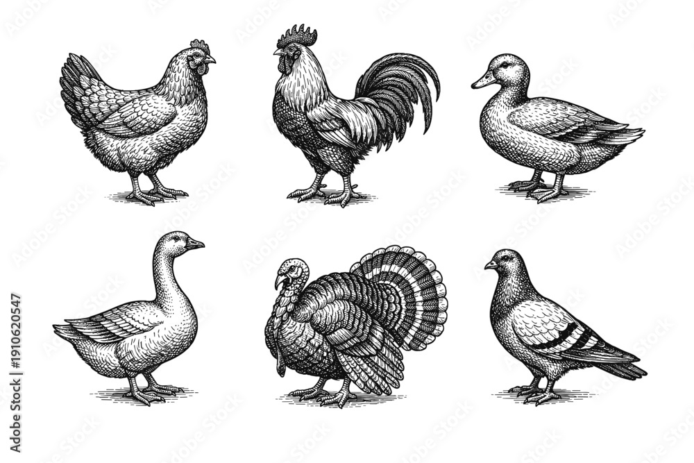 Obraz premium Vintage poultry engraving set, antique farm birds and chicken sketches in woodcut style