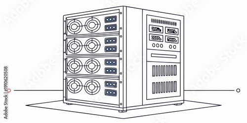 A detailed illustration of a server rack with various components and cables.
