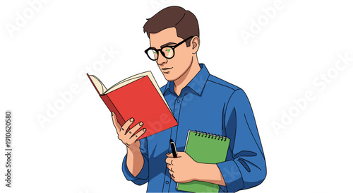 An attentive young man with glasses is deeply engrossed in reading a red book, holding a green notebook and pen, illustrating focused learning and intellectual pursuit.