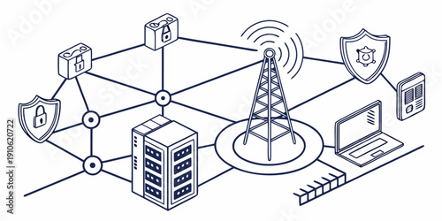Illustration of a network with servers, devices, and security measures.