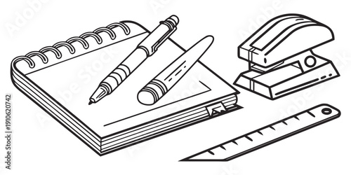 A collection of office supplies including a pencil, pen, ruler, and stapler.