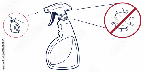 Spray bottle with a red circle and cross over a virus, indicating it kills germs.