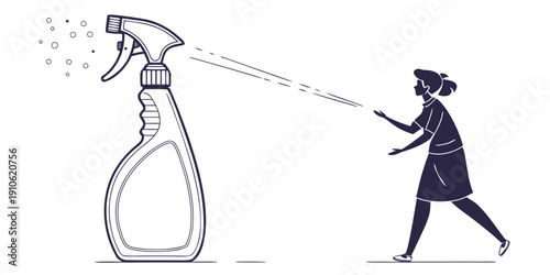A woman in a dress and hat sprays a cleaning product from a large spray bottle.
