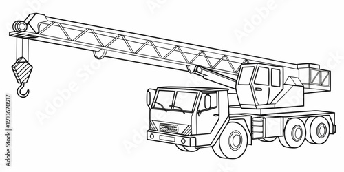 A detailed illustration of a large construction crane mounted on a truck