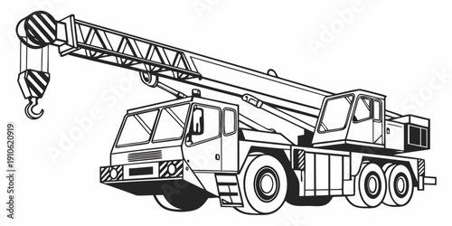 A detailed illustration of a large crane truck with an extended arm and hook.