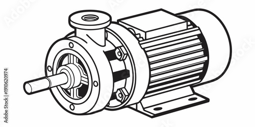 A detailed illustration of an industrial electric motor with a prominent shaft and housing.