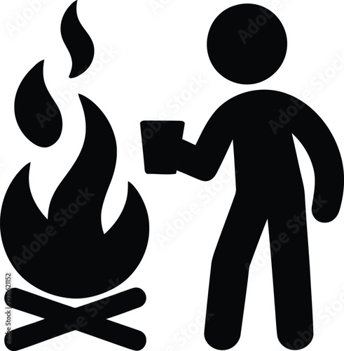 Minimalist pictogram showing a person with a drink standing by a warm outdoor campfire