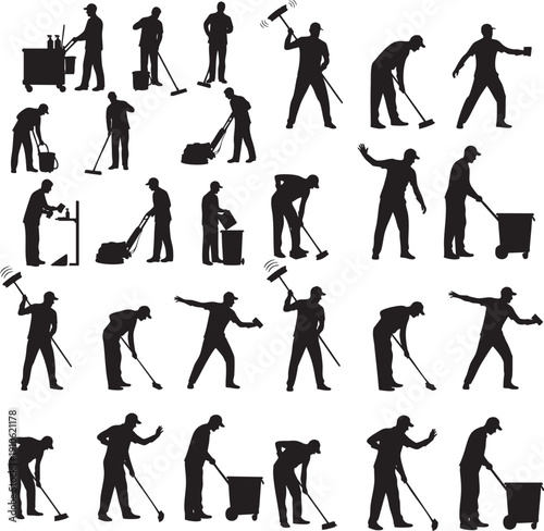 Cleaning Workers Silhouette Set with Janitor Tools and Equipment