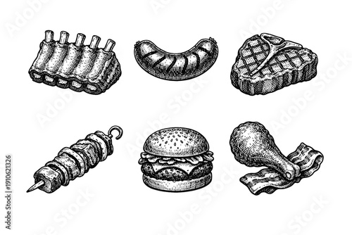 Vintage meat and grill engraving set, antique butchery sketches and barbecue food in woodcut style