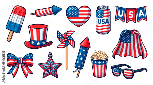 A vibrant illustration capturing iconic symbols associated with the United States of America