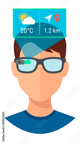 A person wearing smart glasses with augmented reality interface, displaying weather and navigation information. It combines technology with everyday life.