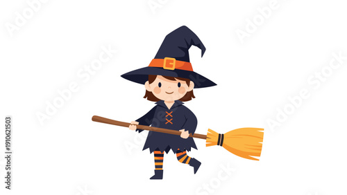 Adorable cartoon girl dressed in a purple witch costume holding a broomstick with a friendly smile for Halloween celebrations.