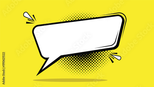 Blank white comic book speech bubble with a black halftone dot shadow on a bright yellow radial background for creative text.