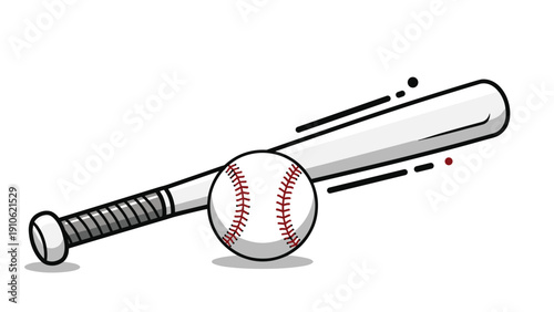 White baseball and light grey baseball bat with black motion lines suggesting a hit and fast movement during a sports game.