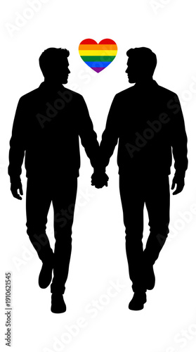 A silhouetted couple holding hands with rainbow heart 